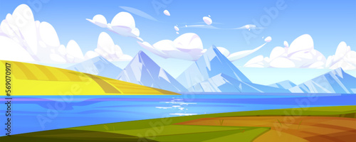 Nature landscape with mountains and lake. Summer scenery of valley with river  green grass  fields  road and white snow rocks peaks  vector cartoon illustration
