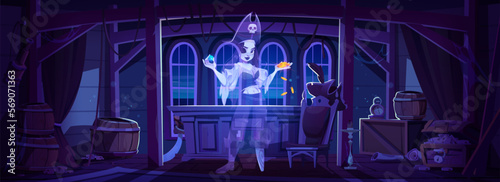 Pirate ghost in cabine on ship at night. Abandoned room with spooky captain corsair holding coin. Scary dark interior halloween vector background cartoon illustration with female character.