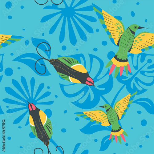 Parrots and hummingbirds, tropical flora print