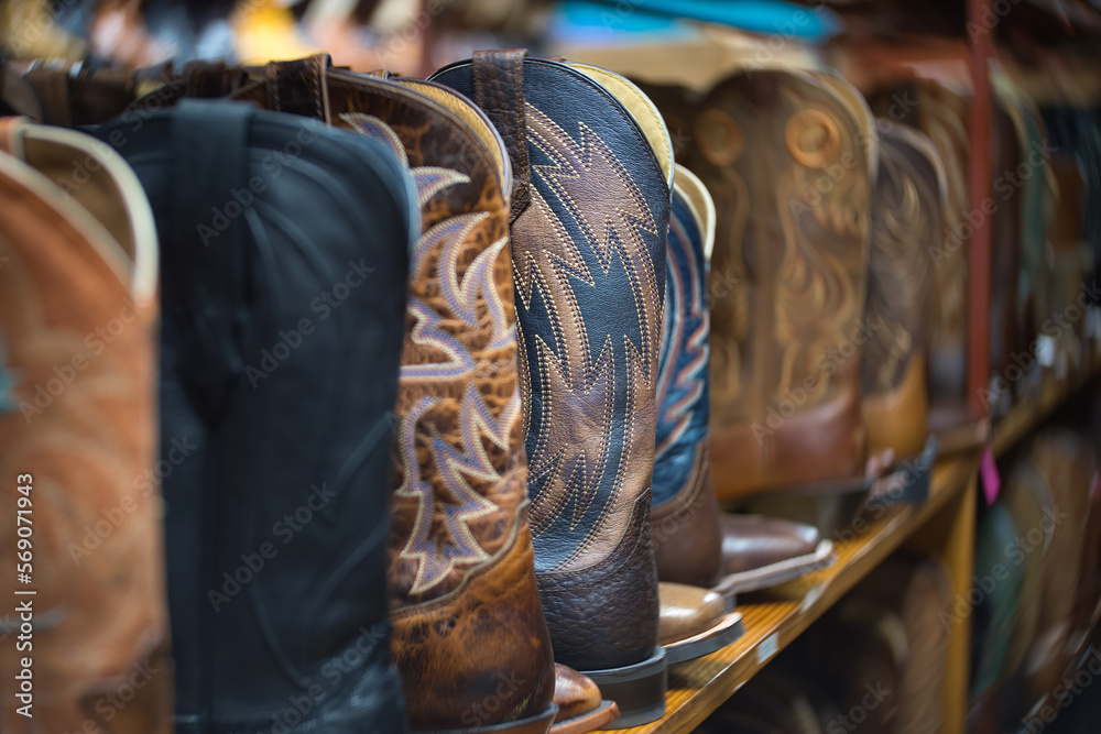Row of All-American Sturdy Leather Cowboy Boots in a Texas Store