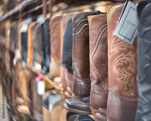 Row of All-American Sturdy Leather Cowboy Boots in a store