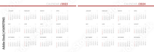 Set of 2023-2024 Annual Calendar template. Vector layout of a wall or desk simple calendar with week start sunday.