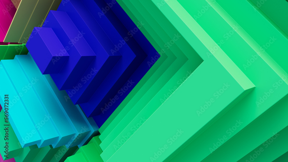 Multicolored, Tech Background with a Geometric 3D Structure. Bright, Stepped design with Extruded Futuristic Forms. 3D Render. Multicolored, Tech Background with a Geometric 3D Structure. Bright, Stepped design with Extruded Futuristic Forms. 3D Render.