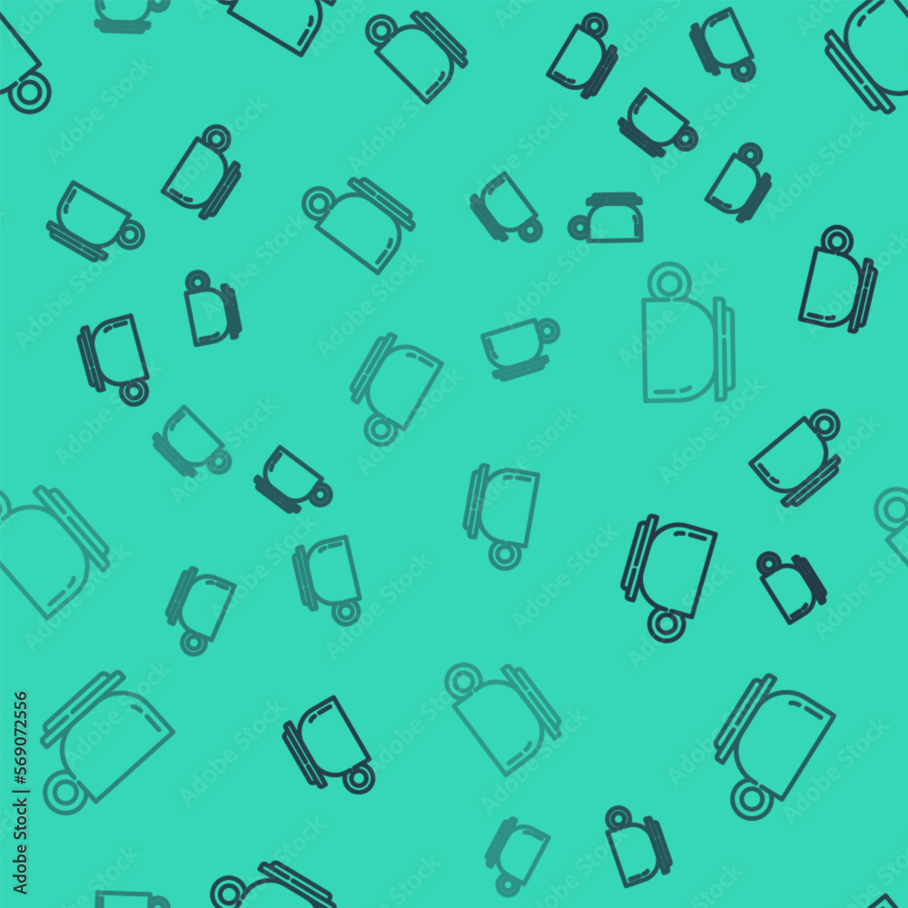 Black line Coffee cup icon isolated seamless pattern on green background. Tea cup. Hot drink coffee. Vector