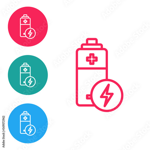 Red line Battery icon isolated on white background. Lightning bolt symbol. Set icons in circle buttons. Vector