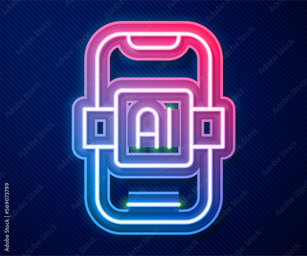Glowing neon line Artificial intelligence AI icon isolated on blue background. Machine learning, cloud computing, automated support assistance and networks. Vector Glowing neon line Artificial intelligence AI icon isolated on blue background. Machine learning, cloud computing, automated support assistance and networks. Vector