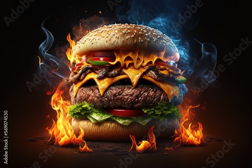 Close-up of home made burgers with fire flames.Ai generated.
