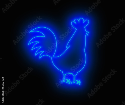 Cute blue hen in profile in night light on black background - illustration
