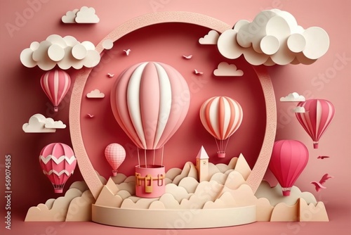 Paper cut of Valentine's Day background with pink cylinder podium, heart hot air balloons and clouds for products display presentation.ai generated