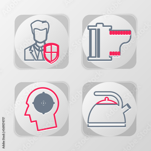 Set line Kettle with handle, Head hunting concept, Camera film roll cartridge and User protection icon. Vector