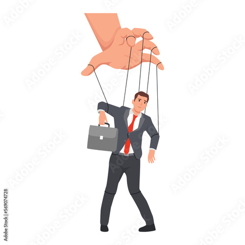 Illustration of a puppet master controlling a businessman. Flat vector illustration isolated on white background
