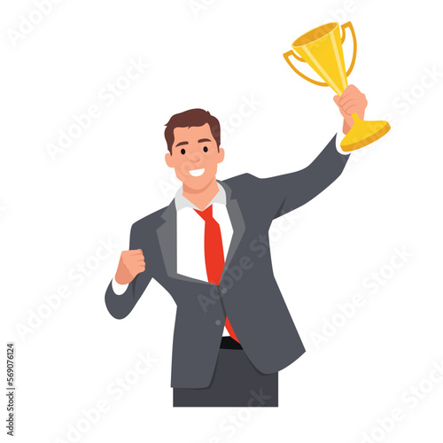 Young happy businessman celebrate victory. Cup winner. Inspiration and motivation. Flat vector illustration isolated on white background