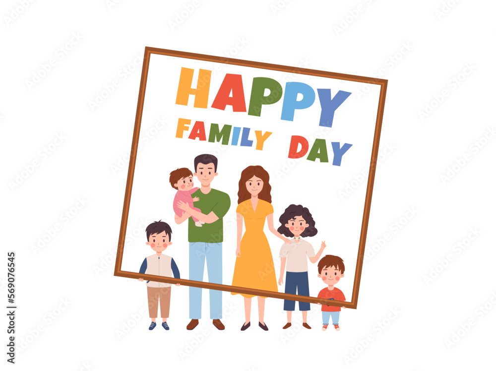 Obraz premium Happy family day greeting card design with large family generations, flat vector.