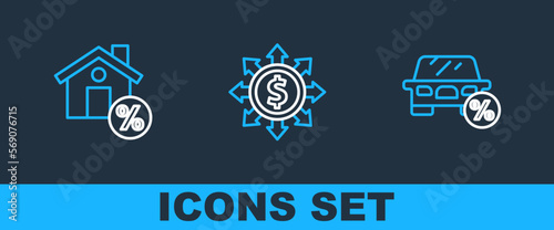 Set line Car leasing percent, House with percant discount and Dollar, share, network icon. Vector