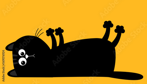 Cute cat lying on his back. Cartoon baby pet character. Happy Halloween. Long body. Kawaii chilling black kitten head face. Paw print. Greeting card print. Flat design. Isolated. Orange background.