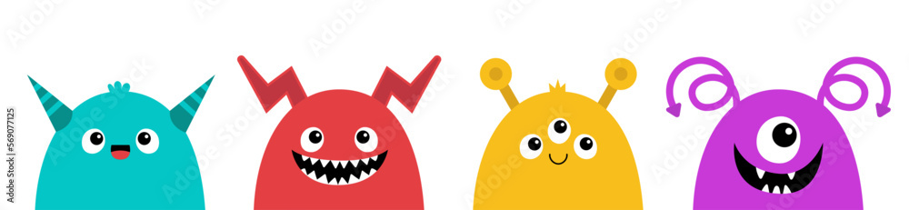 Happy Halloween. Monster set line. Funny face head. Cute cartoon kawaii scary character. Colorful monsters. Different emotion. Baby collection. T-shirt design. White background. Flat design. Happy Halloween. Monster set line. Funny face head. Cute cartoon kawaii scary character. Colorful monsters. Different emotion. Baby collection. T-shirt design. White background. Flat design.