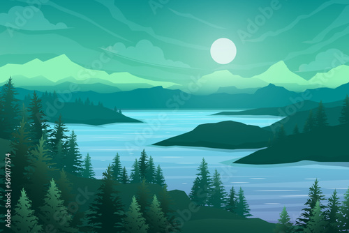 Nature scene with river and hills vector illustration
