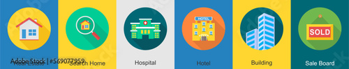 A set of 6 Real Estate icons as real estate, search home, hospital