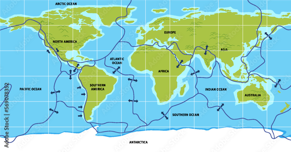 Map of tectonic plates and boundaries
