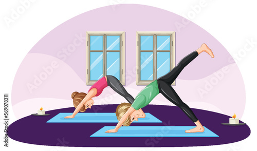 Couple practicing yoga at home