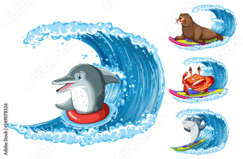 Sea animals surfing cartoon character