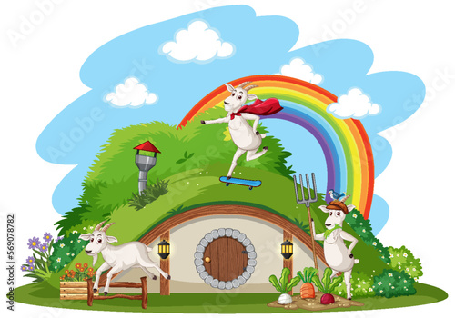 Goat at hobbit house on white background