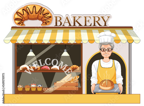 Bakery shop facade with baker man