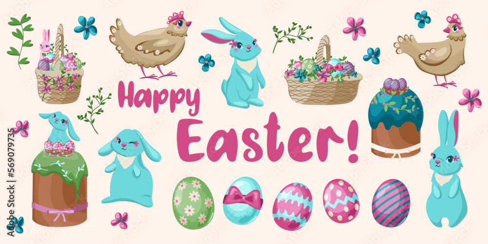 Set of cute Easter cartoon characters and design elements. Easter bunny, chickens, eggs and flowers. Vector illustration. Set of cute Easter cartoon characters and design elements. Easter bunny, chickens, eggs and flowers. Vector illustration.