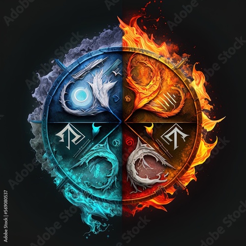 Four elements compass. Generative AI. Colorful magical fantasy compass, four elements earth, fire, water, air.