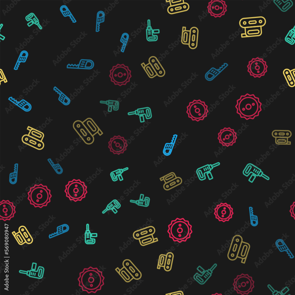 Set line Reciprocating saw, Electric drill machine, planer tool and Circular blade on seamless pattern. Vector