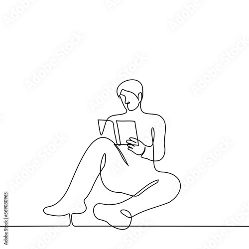 man sits with a book on the floor or on the ground - one line drawing vector. the concept of reading a paper book, leisure or hobby, book lover or student studying from a textbook