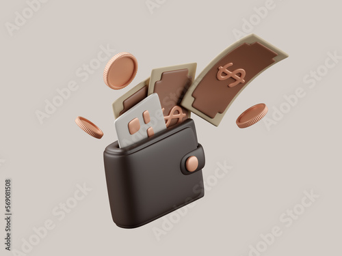 3d render of wallet with money and credit cards.
