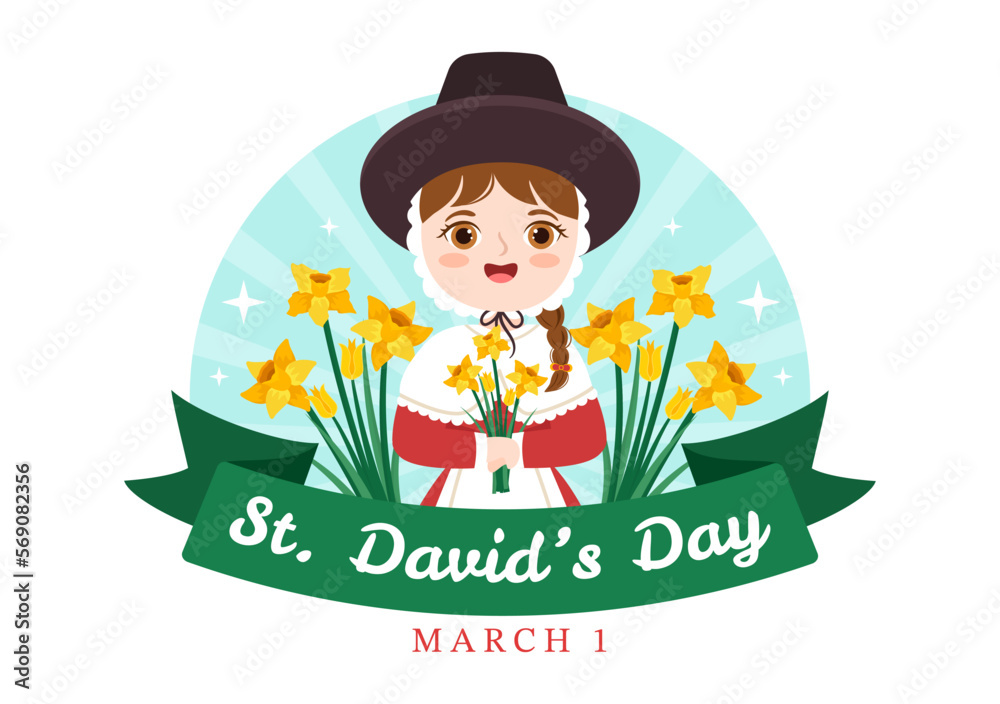 Fototapeta premium Happy St David's Day on March 1 Illustration with Kids Welsh Dress, Dragons and Yellow Daffodils in Flat Cartoon Hand Drawn for Landing Page Templates