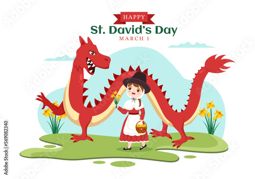 Happy St David's Day on March 1 Illustration with Kids Welsh Dress, Dragons and Yellow Daffodils in Flat Cartoon Hand Drawn for Landing Page Templates