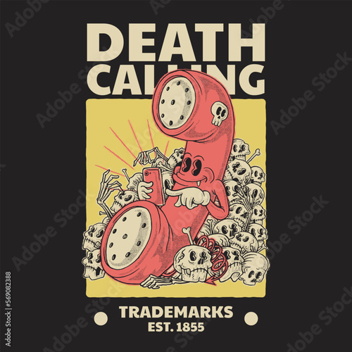 cartoon emblem of evil phone on piles of bones and skulls with retro style