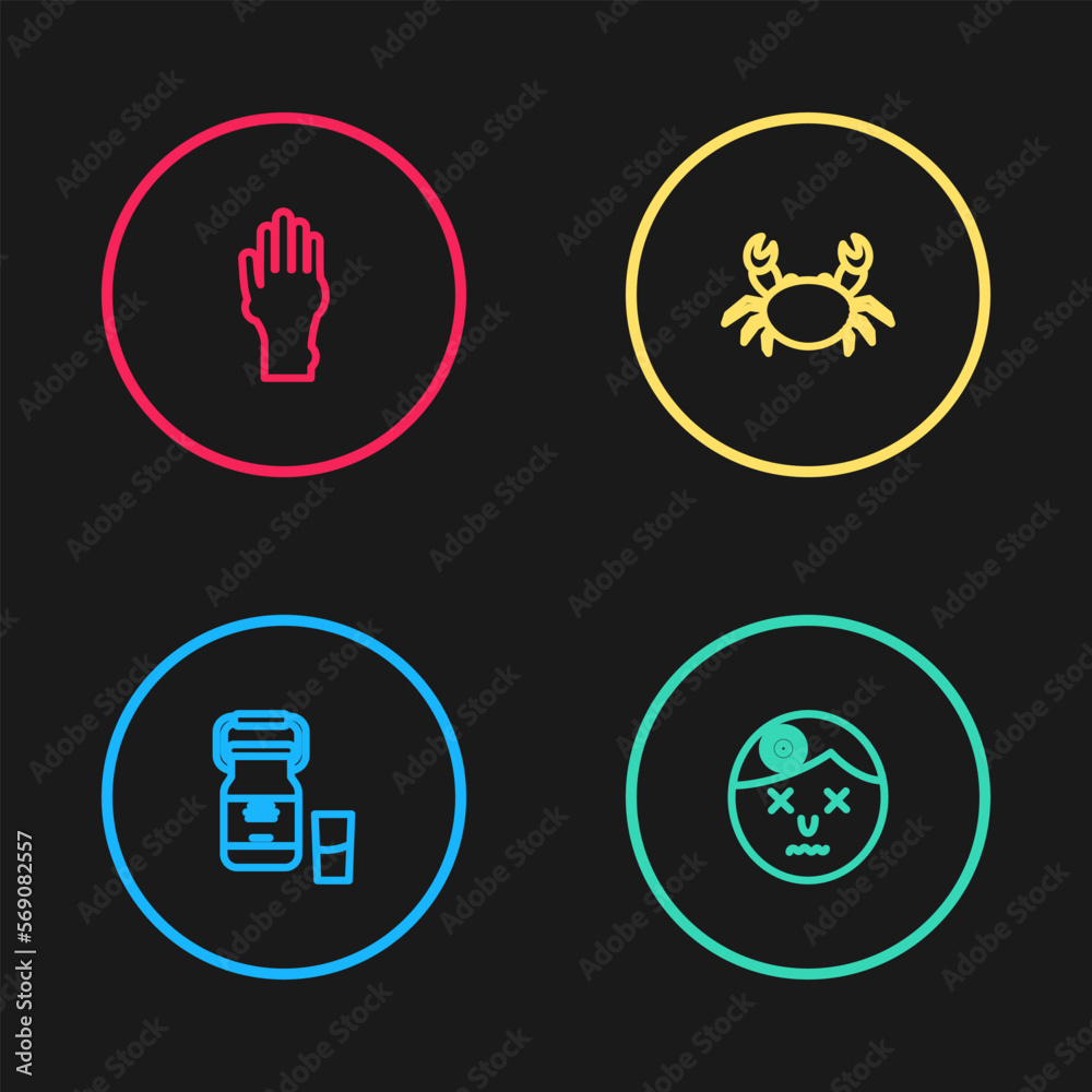 Set line Can container for milk, Man having headache, Crab and Hand with psoriasis eczema icon. Vector Set line Can container for milk, Man having headache, Crab and Hand with psoriasis eczema icon. Vector