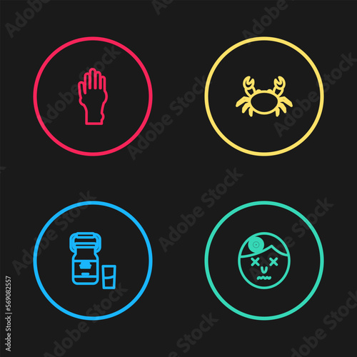 Set line Can container for milk, Man having headache, Crab and Hand with psoriasis eczema icon. Vector