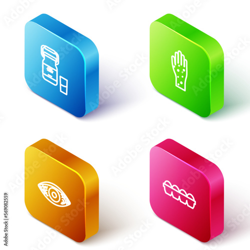 Set Isometric line Can container for milk, Hand with psoriasis eczema, Reddish eye allergic conjunctivitis and Chicken egg box icon. Vector