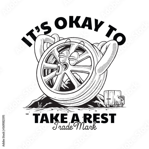 cartoon emblem of resting tire mascot with retro style