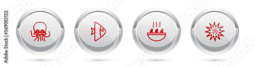 Set line Octopus, Fish, Soup with shrimps and Sea urchin. Silver circle button. Vector