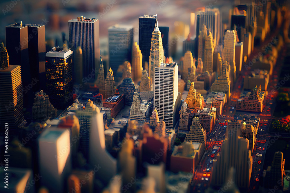 Modern diorama with miniature model of New York City like buildings and ...