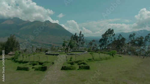 Drone flight in Otavalo. Ecuadorian mountains and Imbabura volcano and San Pablo Lake
