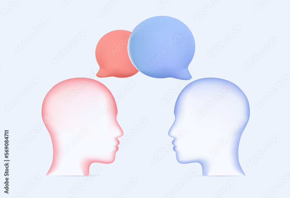 3D banner human communication vector concept. Symbol of talking, argument, misunderstanding. Minimal design human heads 3D speaking buuble render illustration. 3D banner human communication vector concept. Symbol of talking, argument, misunderstanding. Minimal design human heads 3D speaking buuble render illustration.