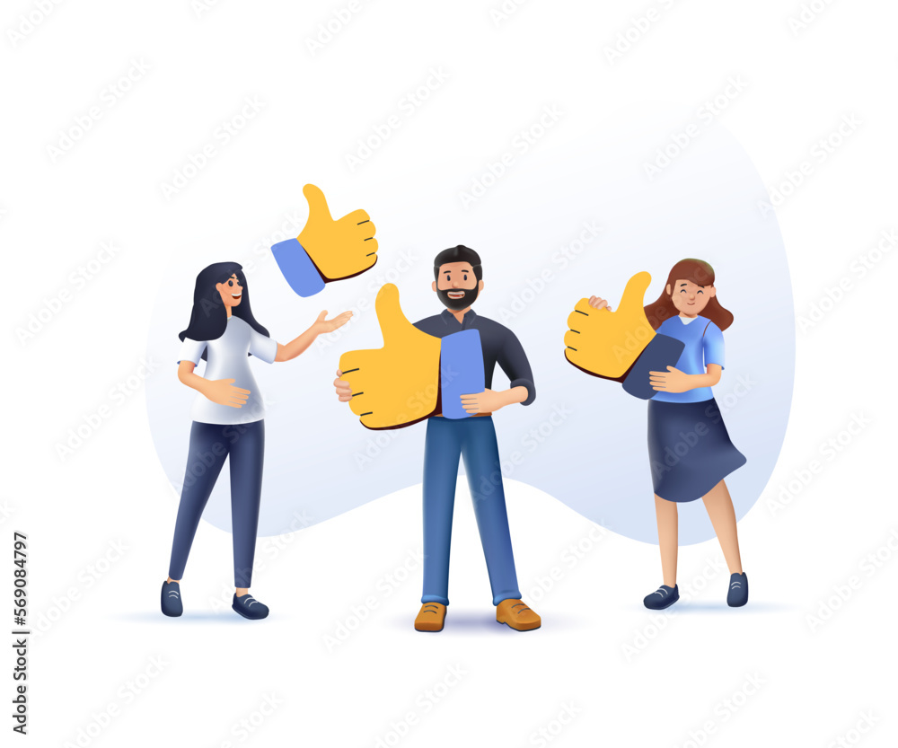 3D smiling clients show likes give positive feedback to company. 3D like iocn happy customers recommend good quality product service. Consumerism survey marketing concept. 3D render vector art