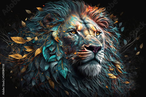 Löwe Porträt mit bunten Farben und Naturmaterialien, generative AI