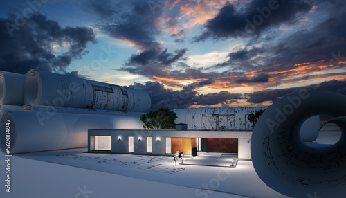 Bauplanung an einem energieeffizienten Bungalow mit Nachtbeleuchtung (dramatischer bewölkter Himmel im Hintergrung) - 3D Visualisierung photo