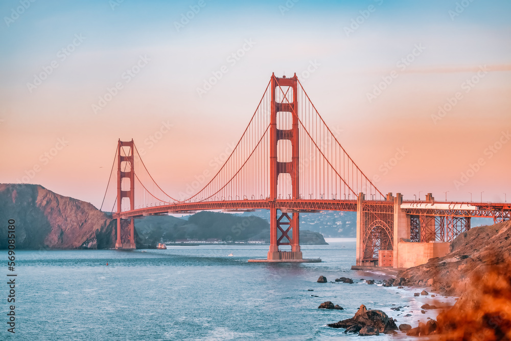 Beautiful view of the Golden Gate Bridge in San Francisco, pastel colors. Concept, travel, world attractions Beautiful view of the Golden Gate Bridge in San Francisco, pastel colors. Concept, travel, world attractions