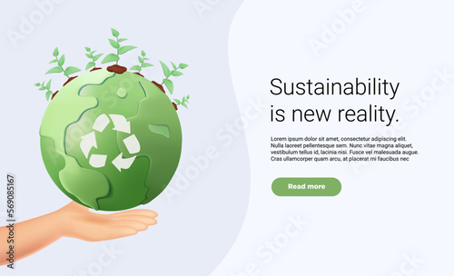 Website landing page or presentation slide layout with 3D render illustration of the concept of sustainability or environmental protection. Save tha earth. 3D render cartoon vector illustration