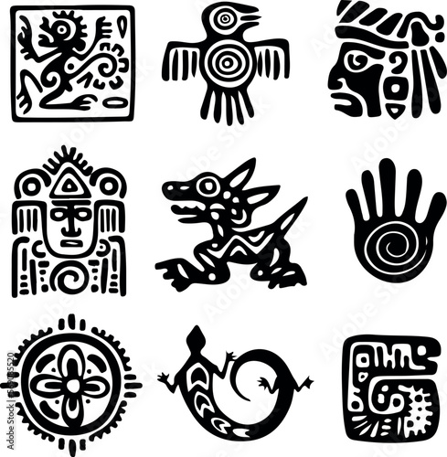 Set of black decorative elements, signs isolated on a white background. Tribal ethnic collection.