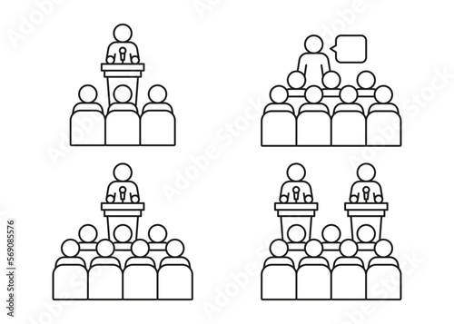 Lector man speech behind podium on conference with audience spectator, line icon. Speaker on tribune by leader, businessman, teacher talking before of people spectators back. Vector